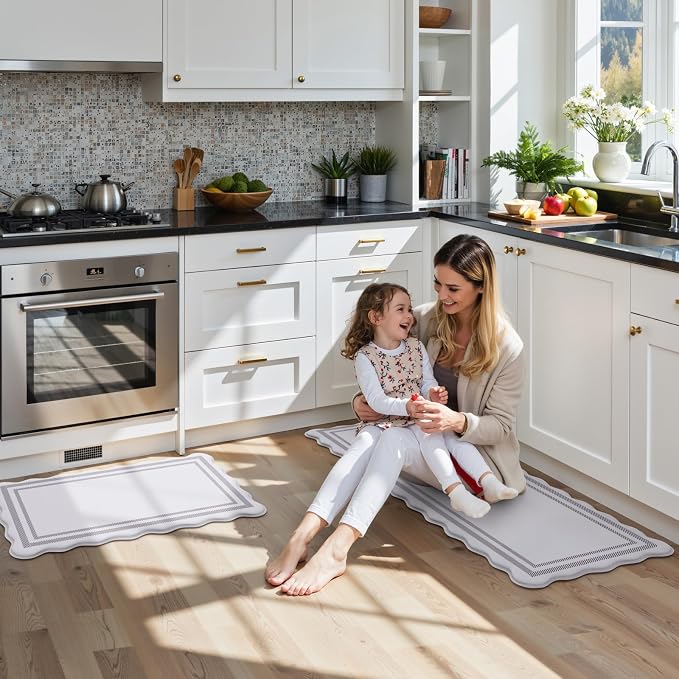 KIMODE Anti Fatigue Kitchen Mats, Light Grey Kitchen Rugs 17"x47"+17"x29" | Padded Kitchen Mat for Floor, Comfort Standing Desk Mat, Cushioned Kitchen Mats for Floor 2 Piece for Laundry Office Sink