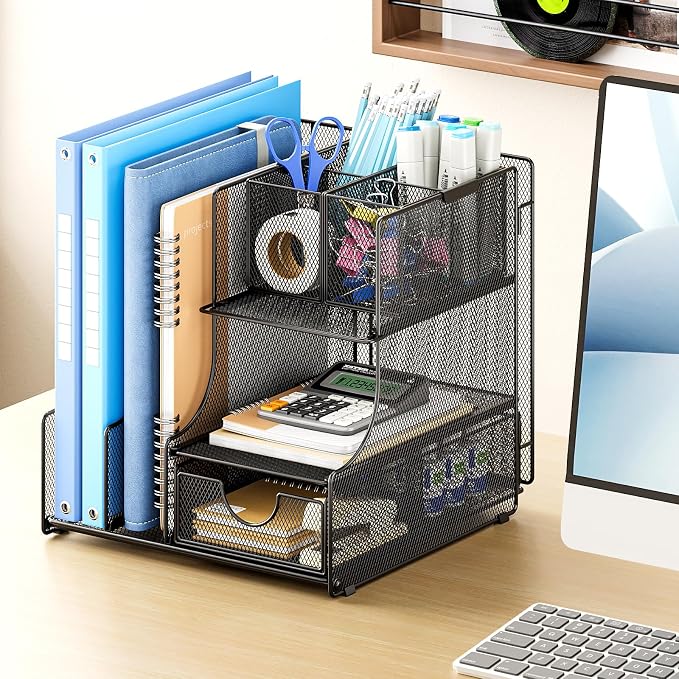 Lavatino Desk Organizer – 4-in-1 Black Mesh Office Supplies Organizer with Pen Holder, File Holder, Desktop Tray, and Drawer for Home, Office, Classroom