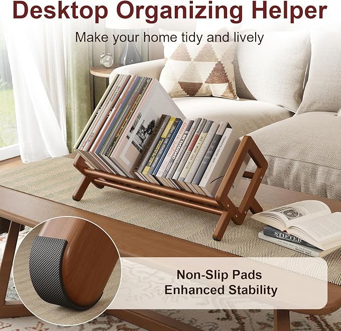 Premium Desktop Bookshelf, Bamboo Desk Bookshelf, Retro Brown Book Rack Shelf Organizer, Stable Bookshelves Storage, Tabletop Large Magazine Holder Racks for Magazines, Books, Files