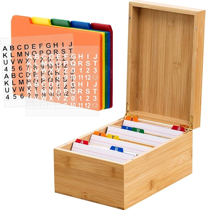 4 x 6 Inch Index Card Holder Set, Bamboo Organizer Box with 50 Dividers & 2 Sheets Alphabet Number Stickers File Note Holders, Holds 1200 Cards for Office Business Home Kitchen, Wooden Color