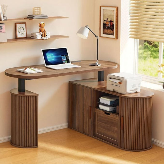 55" L Shaped Standing Desk with Storage, Oval Electric Desk Height Adjustable Executive Desk with File Drawer, Fluted Wood Desk Office Sit Stand up Desk for Work, Study, Writing, Walnut