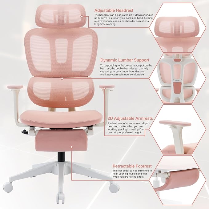 Ergonomic Office Chair with Retractable Footrest, Pink | High Back Design, Dynamic Lumbar Support, 2D Headrest & 2D Armrests, Breathable Mesh Back for Home Office