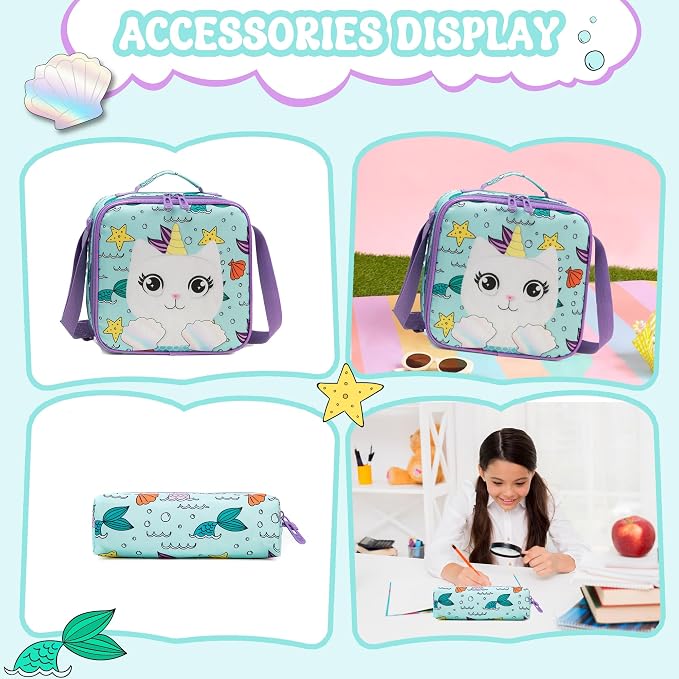Meetbelify Cute Mermaid Kids Backpacks for Girls School Backpack with Lunch Bag Pencil Case for Elementary Student 3D Carton Plush Kids Travel School Bag for Girls Ages 6-8 Years Old