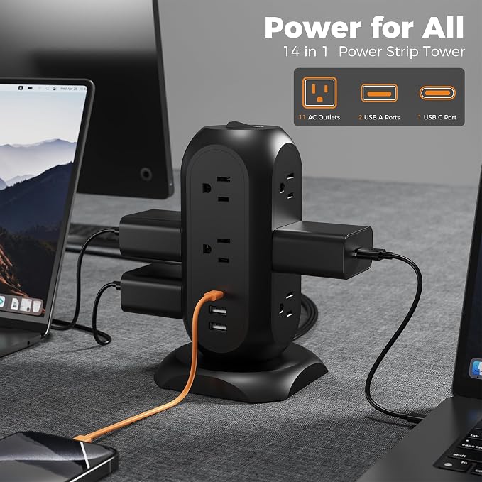 TESSAN Tower Power Strip Flat Plug with 11 Outlets 3 USB (1 USB C), Surge Protector Tower 1625W/13A,1050J Protection, 6 Feet Extension Cord with Multiple Outlets, Dorm, Office Desk Supplies, Black