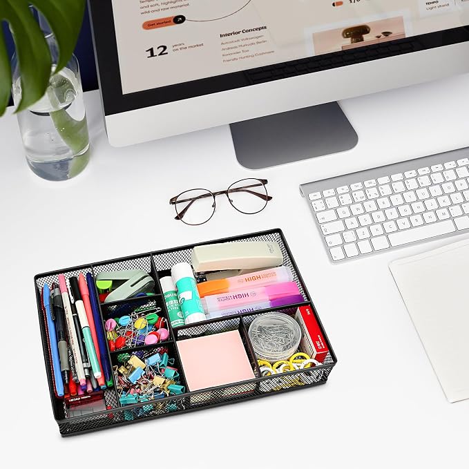 shenee Desk Drawer Organizer Tray,Drawer Organizer for Office and Home,Desk Organizer with Drawers,7 Compartments,Non-Slip Desk Organizers (Black, 12.3" L x 8.3" W x 1.8" H)