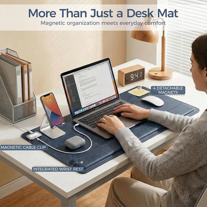 Magnetic Desk Mat System with Wrist Support 80×40cm, Premium Leather Desk Pad with Magnetic Accessories, Waterproof Non-Slip Desk Organizer for Office & Gaming
