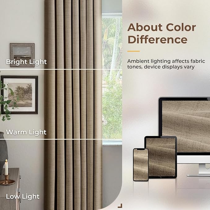 INOVADAY 100% Blackout Curtains for Bedroom, Burlywood Birch Black Out Curtains 80 Inch Long, Clip Rings Linen Blackout Drapes, Thermal Insulated Room Darkening for Living Room, 2 Panels - W50xL80