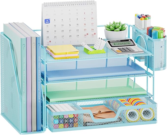Marbrasse 4-Tier Paper Tray Organizer with Drawer and Pen Holder, Blue | Metal Mesh Desk Organizer, Built-in Drawer & 2 Pen Slots, fits letters/Files, for School Home Office Supplies
