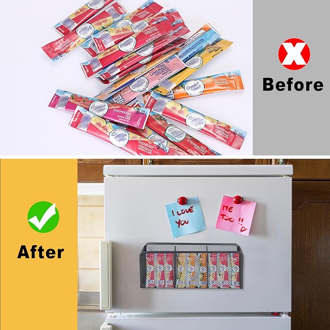 ELLDOO Magnetic Water Drink Packet Holder, 3 Compartments Magnetic Metal Mesh Tea Bag Organizer Sugar Packet Basket, Kitchen Organizers and Storage, Magnetic Pencil Holder