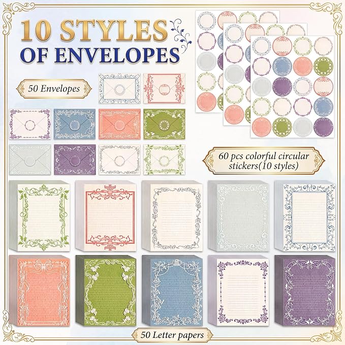 TaoBary 160 Pcs Stationery Paper Set 50 Double Sided Stationery Papers with 50 Matching Envelopes and 60 Round Dot Sticker, 10 design(vintage Lace Frame, 5.5 x 8.25 Inch)