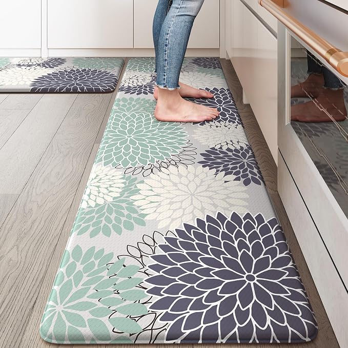 KIMODE Anti Fatigue Kitchen Mats for Floor Cushioned Kitchen Rugs Sets of 2 | 17"x59"+17"x29",Floral,Cyan,Non-slip,Waterproof,Kitchen Runner Rug,Comfort Foam Paded Mat for Floors Office Laundry Sink
