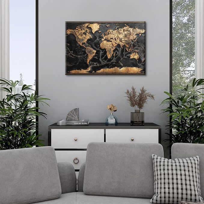 Abstract World Map Wall Art Black and Gold Wall Decor for Living Room Vintage Modern Office Canvas Painting Global World Maps for Wall Decorations Nautical Theme Poster Artwork Home Decor 16x24”