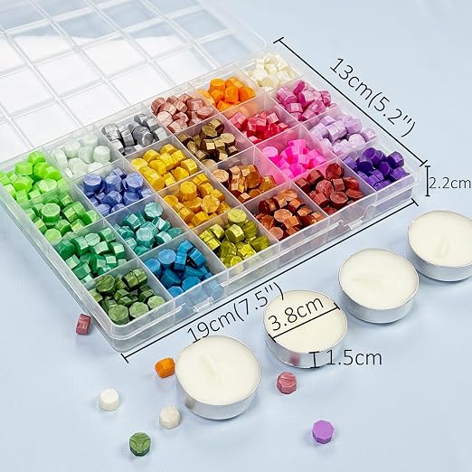 24 Colors Sealing Wax Beads for Wax Seal Stamp with 4Pcs Tea Candles and 1 Pcs WaxMelting Spoon for Gift, Wedding Invitation,Letter Envelopes,Sealing Wine Bottle