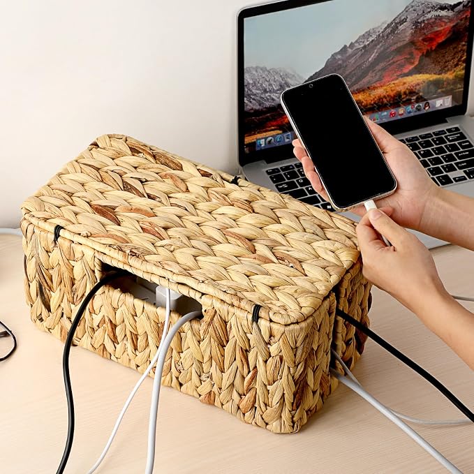BTSKY Woven Cable Management Box with Lid Water Hyacinth Cord Organizer, L | Cable Organizer Box with 2-Open Slots to Hide Power Strips USB Hubs for Desk, Home & Office, Pet Proofing Cord Basket