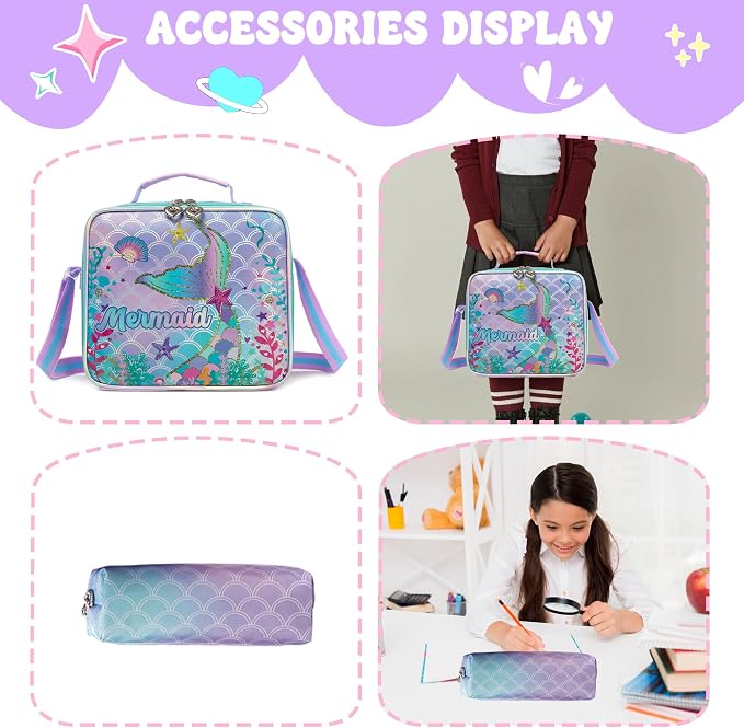 Meetbelify Mermaid Backpack for Girls Backpacks with Lunch Box Pencil Case for Elementary Student Kids School Travel Bag for Girls Ages 6-8 Years Old