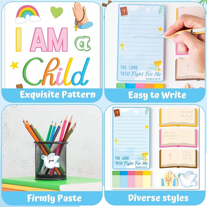 B1ykin Cute Sticky Notes Set - I Am A Child of God Self-Stick Notes Pad, 550 Sheets Writing Memo Pages Sticky Notepad for Teacher Appreciation Gift, School Office Party Favors Supplies (Bible)