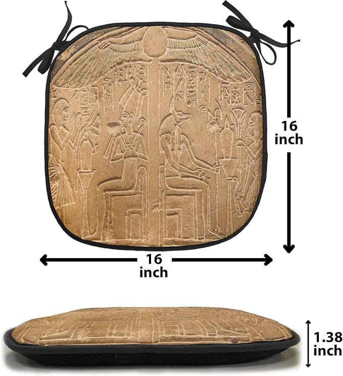 Lunarable Egyptian Print Chair Cushion Pads Set of 6, Egyptian Hieroglyphs on The Wall Stone Surface Scripts Arts Theme Image, Anti-Slip Seat Padding for Kitchen & Patio, 16"x16", Pale Brown