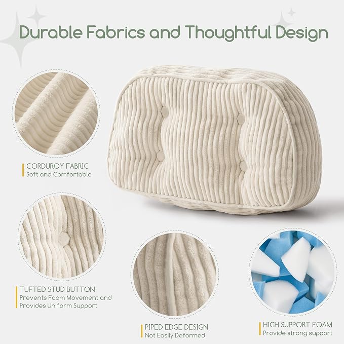 HIGOGOGO Lumbar Support Pillow for Recliner Chair/Accent Chair/Couch/Office Chair, Tufted Corduroy Back Support Cushion for Elderly, Recliner Cushions for Back Rest, Pain Relief, Reading, Beige