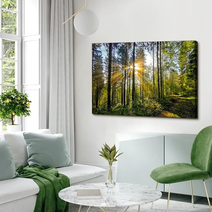 Large Forest Landscape Wall Art for Living Room Nature Sunrise Picture Wall Decor Mountain Trees Scenery Canvas Painting Photo Modern Poster Framed Artwork Bedroom Office Home Decorations 32x48”