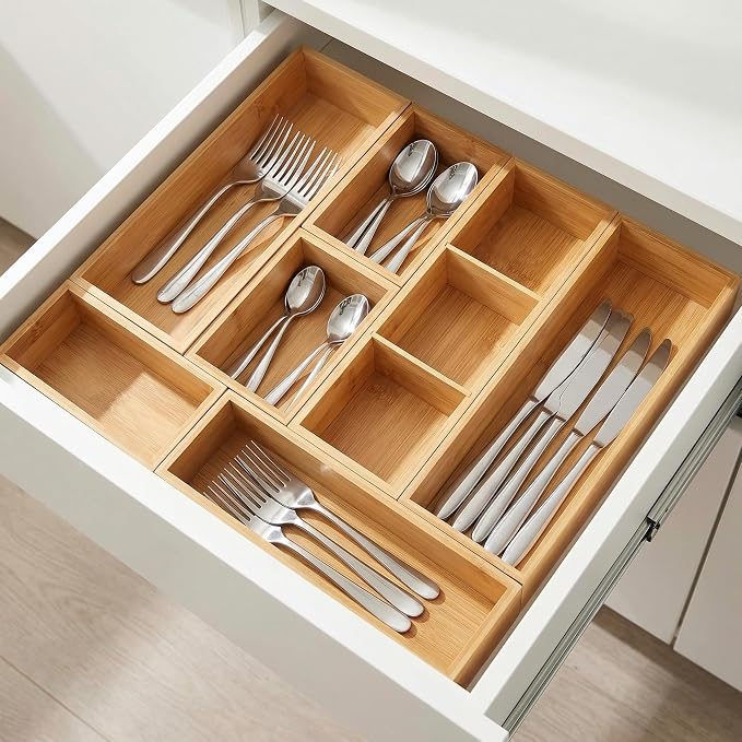 Bamboo Drawer Organizer,Fits Kitchens,Bathrooms,Desk,Utensil,Makeup,Removable Dividers (Natural, M)