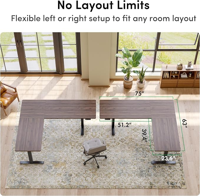FEZIBO 75" x 63" L-Shaped Standing Desk - Adjustable Corner Desk L Shape, L-Shaped Adjustable Desk with Splice Board, L Shape Standing Desk, Black Walnut