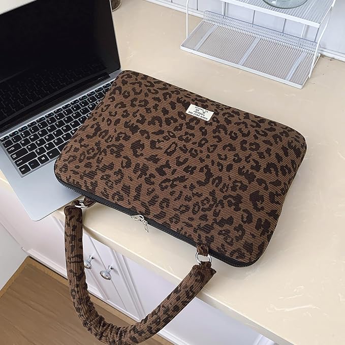 Leopard Print Laptop Case 11, 13,15 Inch Quilted Laptop Sleeve Soft Protective Cheetah Computer Sleeve for MacBook (Coffee, with Strap, 15 Inch)
