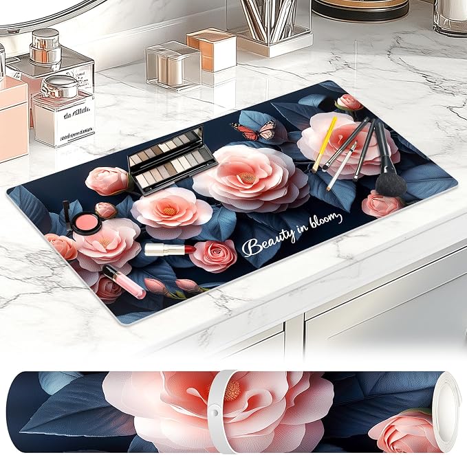 Dual-Sided Synthetic Leather Decorative Makeup Mat for Crafting, Furniture Protection, Scratch & Stain Resistant Surface Desk Pad, Waterproof Easy to Clean Vanity Protector (Pink Camellia)