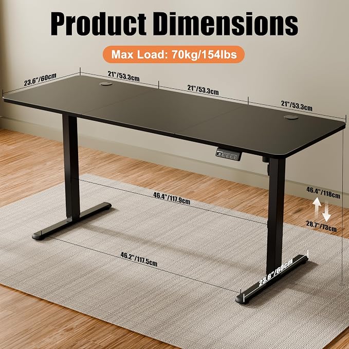 63"x24" Standing Desk, Height Adjustable Sit-Stand Home Office, Black | Electric Adjustable Standing Desk, Sit to Stand Computer Office Desk with Splice Board, Memory Preset, Lifts 28.7''-46.5"
