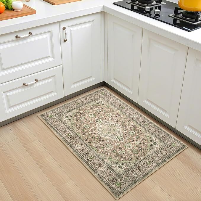 Green Small Washable Area Rug, 2x3 Boho Vintage Entryway Rugs, Soft Non Slip Floral Door Mat, Aesthetic Low Pile Carpet for Front Door Entry Carpets Entrance Bedroom Kitchen