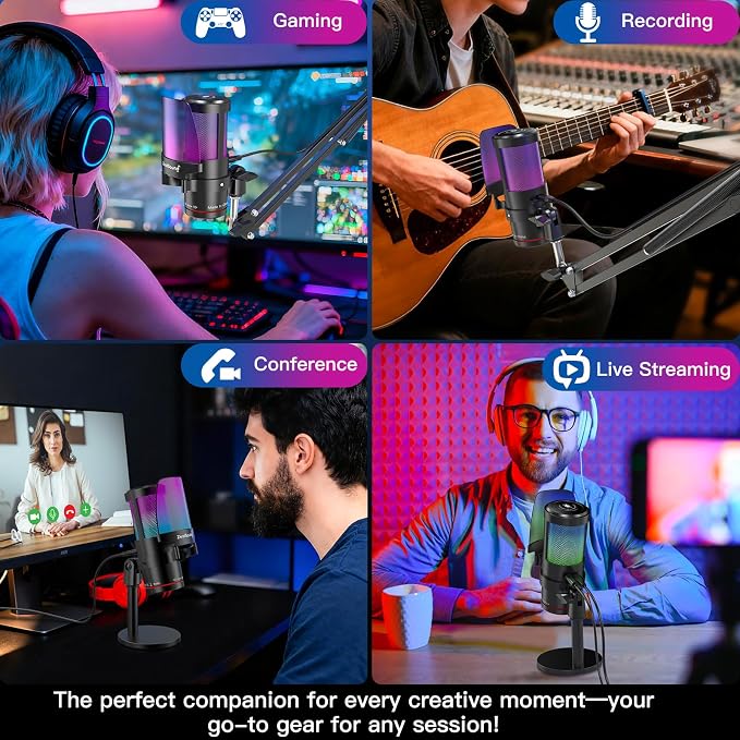 ZealSound Gaming Microphone for PC/Mac/iPhone/Phone – 192kHz/24-bit Podcast Mic with Noise Reduction, Tap-to-Mute, Gain, Monitoring, Boom Arm, Pop Filter, RGB Lighting for Streaming, Gaming, Recording