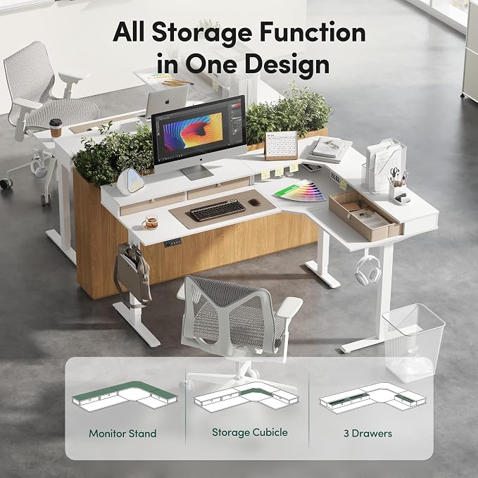 CubiCubi L Shaped Standing Desk with Drawers 63 x 48 Inch Adjustable Height, Electric Corner Desk with Storage, Sit Stand Home Office Desk with Splice Board, White
