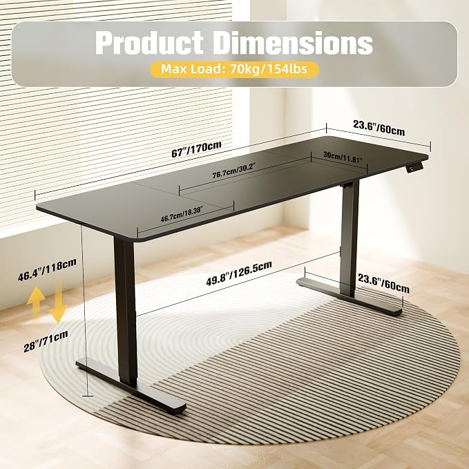 67"x24" Standing Desk, Height Adjustable Sit-Stand Home Office, Black | Electric Adjustable Standing Desk, Sit to Stand Computer Office Desk with Splice Board, Memory Preset, Lifts 28.7''-46.5"