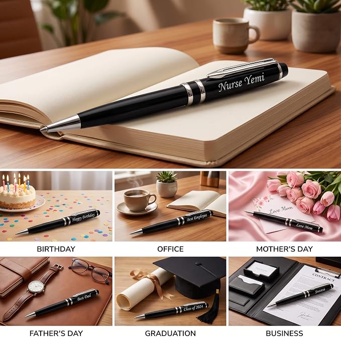 Ancolo Personalized Ballpoint Pens - Executive Writing Pen with 10 Black Ink Refill Engraved with Your Message Name on the Pens Gift Set for Man/Women/Writers/Collection/Journalist