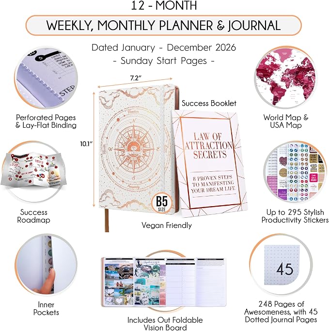 Deluxe 2026 Planner Weekly and Monthly | Law of Attraction Planner with Productivity App | 12-Month for Productivity, Gratitude & Goal Setting | Includes Foldable Vision Board, Gift Box & Stickers