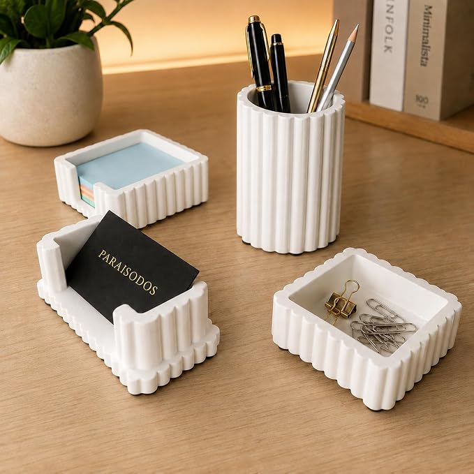 Concrete Desk Organizer Set of 4, Modern Desk Accessories, White | Pen holder, Sticky note holder, Paper clip tray, Business card holder, Soft anti-slip pads, For home and office use