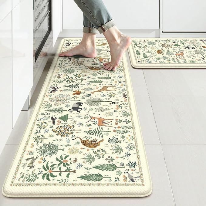 KIMODE Anti Fatigue Kitchen Mats for Floor,Cushioned Kitchen Rug Sets of 2 | Beige,Farmhouse Animal Forest Kitchen Rugs Non Slip,Memory Foam Padded Kitchen Standing Floor Mat for Laundry Sink Office