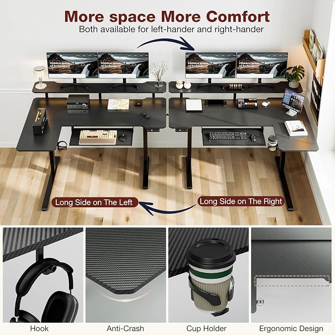 Acrolix 59 Inch L Shaped Standing Desk with Shelves and Keyboard, Electric Corner Standing Desk Adjustable Height, Sit Stand Computer Table with Reversiable Splice Board，Black Carbon