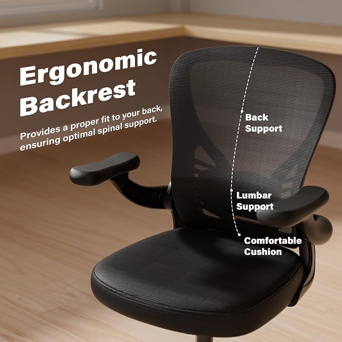 GYI Office Chair Ergonomic, Computer Desk Chair with Mesh Back, Adjustable Lumbar Support, 3D Flip-up Arms, Wheels, Black