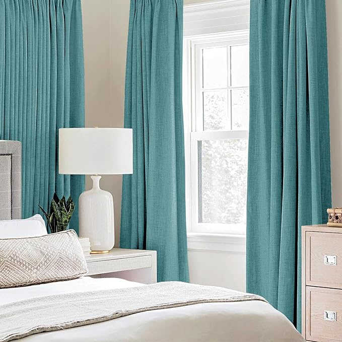 MIULEE 100% Blackout Linen Textured Curtains for Bedroom Solid Thermal Insulated Teal Grommet Room Darkening Curtains & Drapes Luxury Decor for Living Room 52 x 84 Inch (2 Panels)