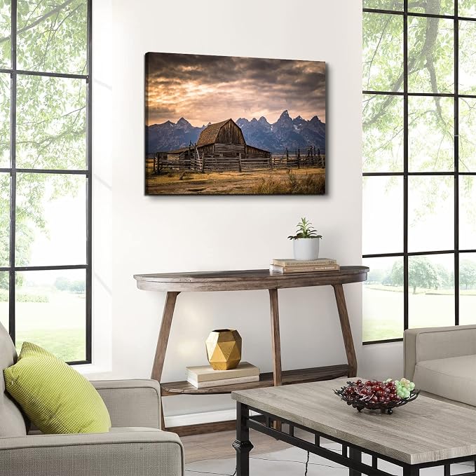 Grand Teton National Park Canvas Wall Art Sunset Moulton Barn Landscape Wall Decor, Wyoming Nature Mountains Scenery Picture Artwork Painting Decoration for Home Living Room Bedroom Kitchen 24x36"
