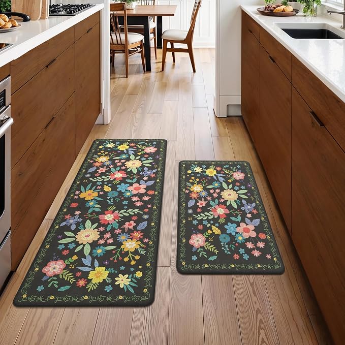 GENIMO Anti Fatigue Kitchen Mats for Floor 2PCS, Cushioned Standing Mats | 17.3"x47"&17.3"x30", Black vintage floral rug set, waterproof, non slip, easy-clean for farmhouse