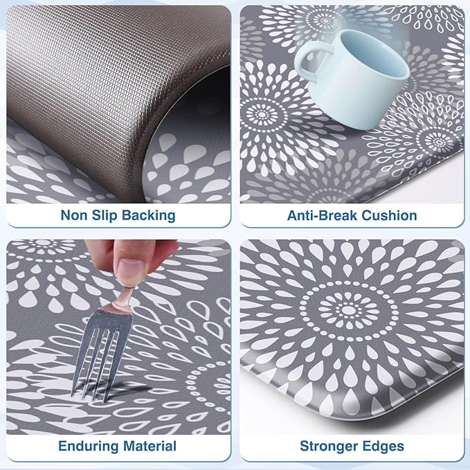 LuxStep Kitchen Mats for Floor,Cushioned Rug Anti-Fatigue Mats for Kitchen Decor Accessories,Waterproof Non-Slip Mats and Rugs Set for Office,Floor,Laundry 17.3"×30"+17.3"×47",Grey