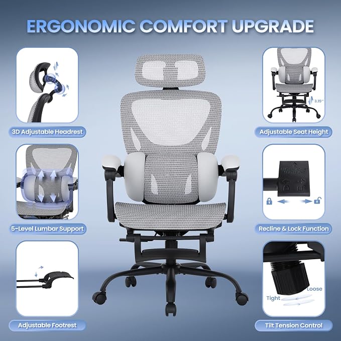 MALOL Ergonomic Mesh Office Chair with Footrest, Executive High Back Computer Desk Chair with 3D Adjustable Headrest & 5-Level Lumbar Support, Track Armrest, Tilt Lock, 300LBS, White