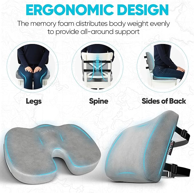 FORTEM Seat Cushion, Office Chair Cushion, Lumbar Support Pillow for Office Chair, Memory Foam Car Seat Cushions, Sciatica Coccyx Tailbone Pain Relief, Cushions for Back Support, Washable, Non Slip