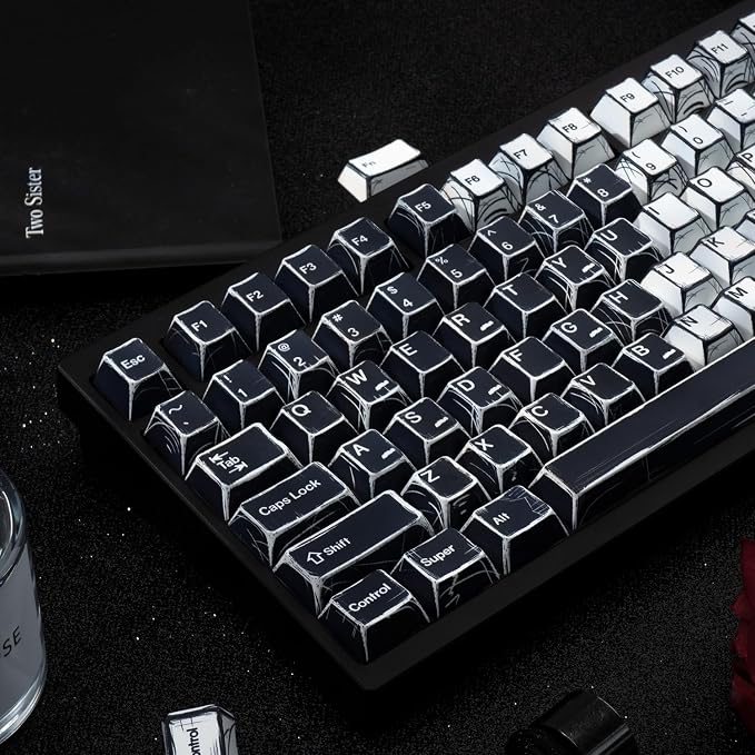 PBT Keycaps, Black and White Manga Style Keycaps Set, 135 Keys Cherry Profile Dye Sub Custom Keycap Minimalis Keyboard Key caps for 60%, 65%, 75%, 100% Cherry MX Mechanical Keyboard