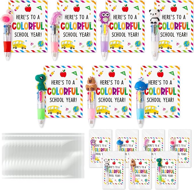 ANGOLIO Back to School Gifts 28 Sets Cute Animals 4 in 1 Multicolor Retractable Ballpoint Pens with Greeting Cards for Students Kids Classroom Office Home Rewards First Day of School Party Supplies