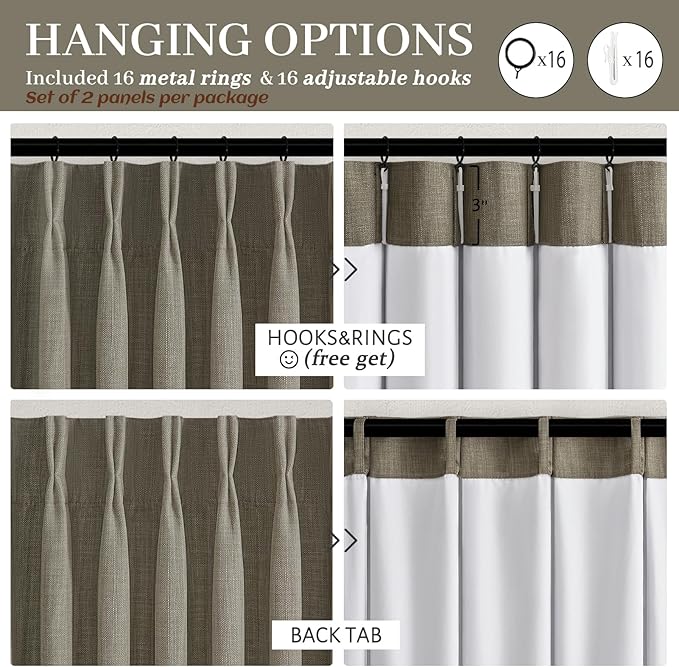 Custom 105 Inch Extra Long Pleated Blackout Room Divider Curtains 2 Panels Set, Sepia Ebony Memory Trained Double Layer Natural Linen Heavy Viral Curtain Noise Blocking Insulated Elegant Window Drapes