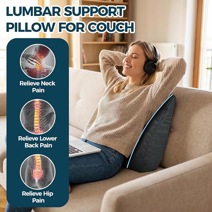 Back Support Pillow for Recliner Soft Dual Layer Lumbar Support Pillow with Memory Foam Shreds Ergonomic Orthopedic Couch Back Cushions for Elderly Lower Back Pain Relief Dark Grey