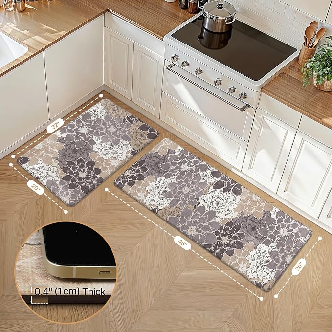 GENIMO Anti Fatigue Kitchen Mats for Floor 2PCS, Cushioned Standing Mats | 20"x32"&20"x48", Coffee Brown vintage floral rug set, waterproof, non slip, easy-clean for farmhouse
