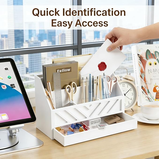 SRIWATANA White Desk Mail Organizer with Drawer, 5 Slot Countertop Sorter | Pull-out Drawer Storage, 5 Compartment Mail Sorter, Holds Letters Bills Envelopes Receipts, for Home Office